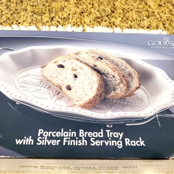 Godinger White Porcelain Bread Tray With Silver Finish Serving Rack - NEW in BOX - Picture 2 of 5